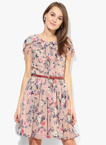 MIAMINX-Beige-Colored-Printed-Skater-Dress-With-Belt